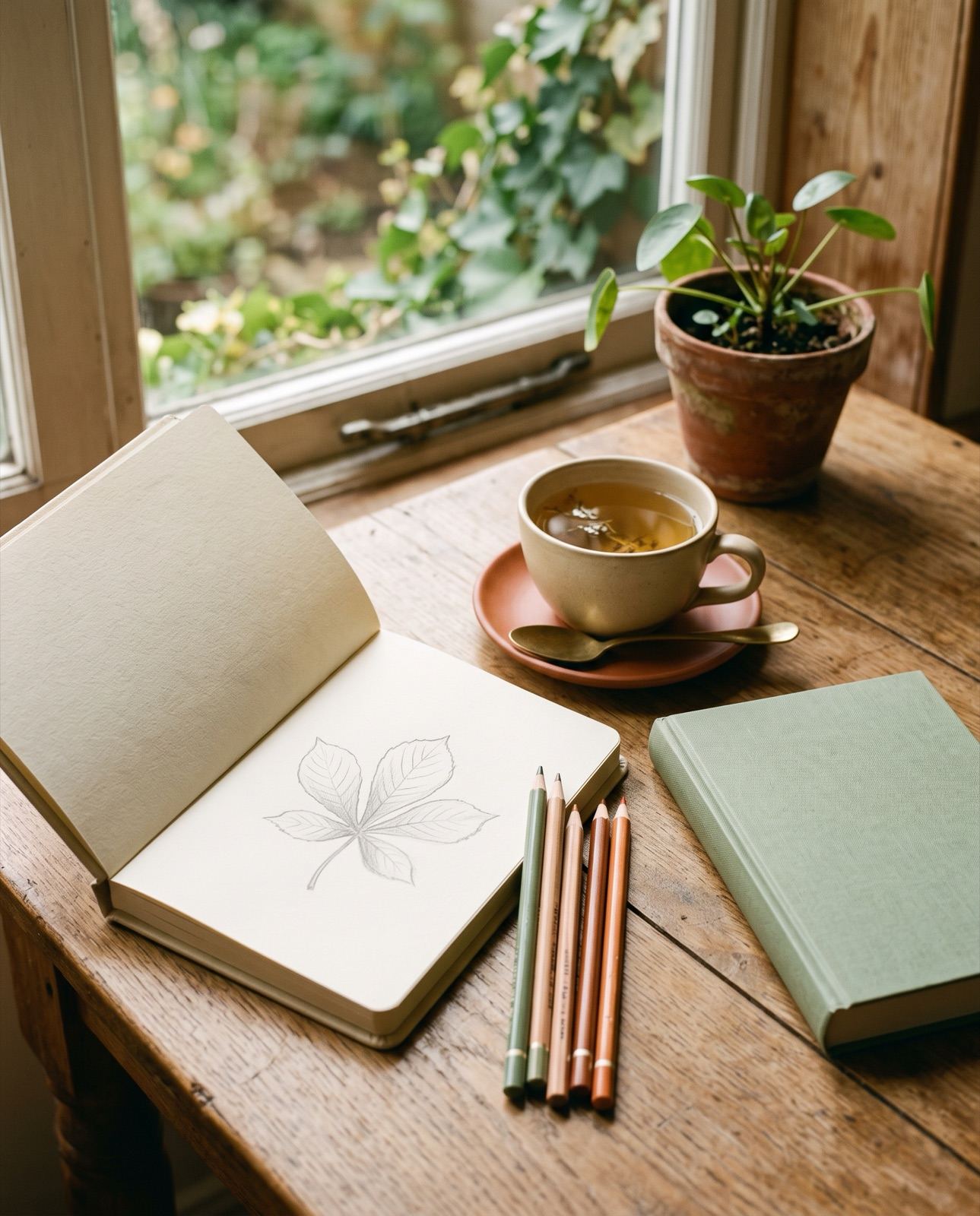 A sketchbook, colored pencils and a library book on a sunlit table