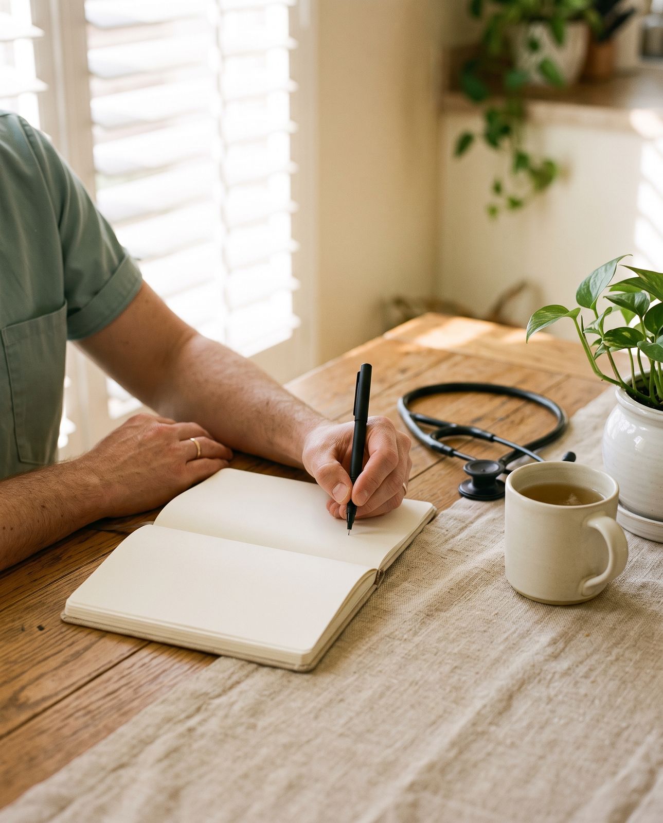 A clinician writes a care plan at a sunlit kitchen table with a stethoscope and herbal tea nearby