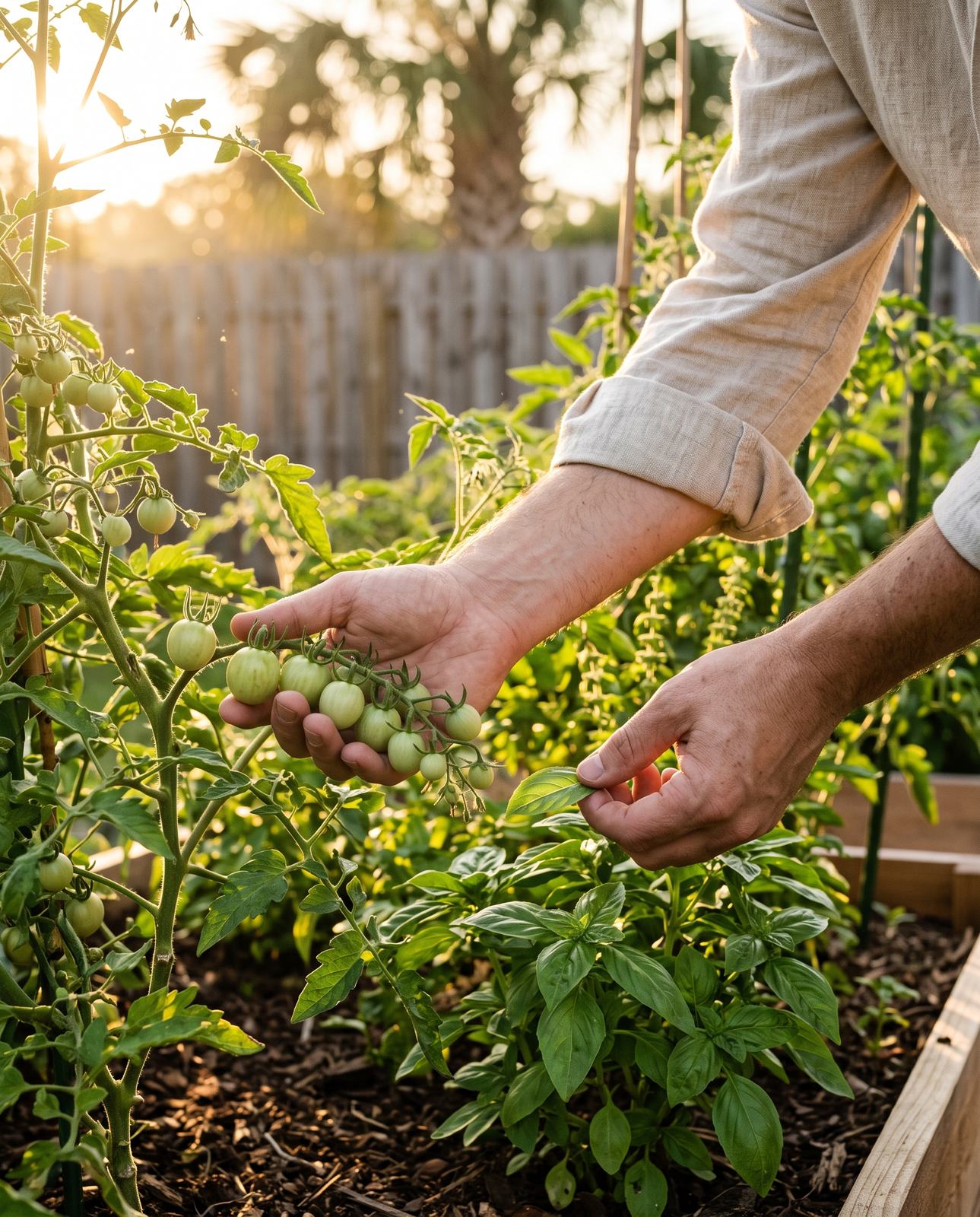 Hands tending basil and tomato plants in a raised garden bed at golden hour