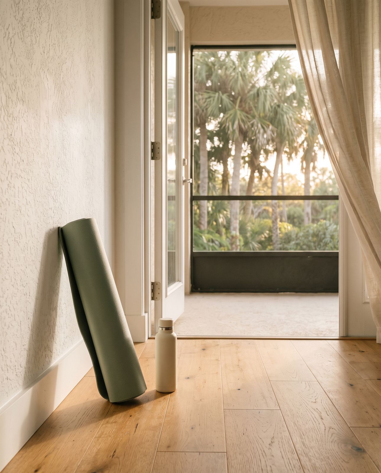 Rolled yoga mat and water bottle by an open door to a sunrise lanai