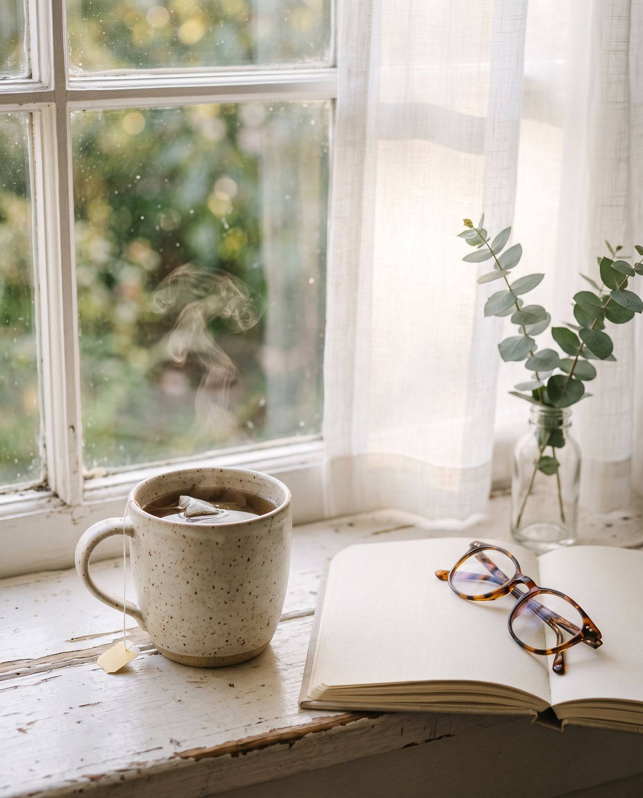 Herbal tea steeping beside an open journal and reading glasses on a windowsill