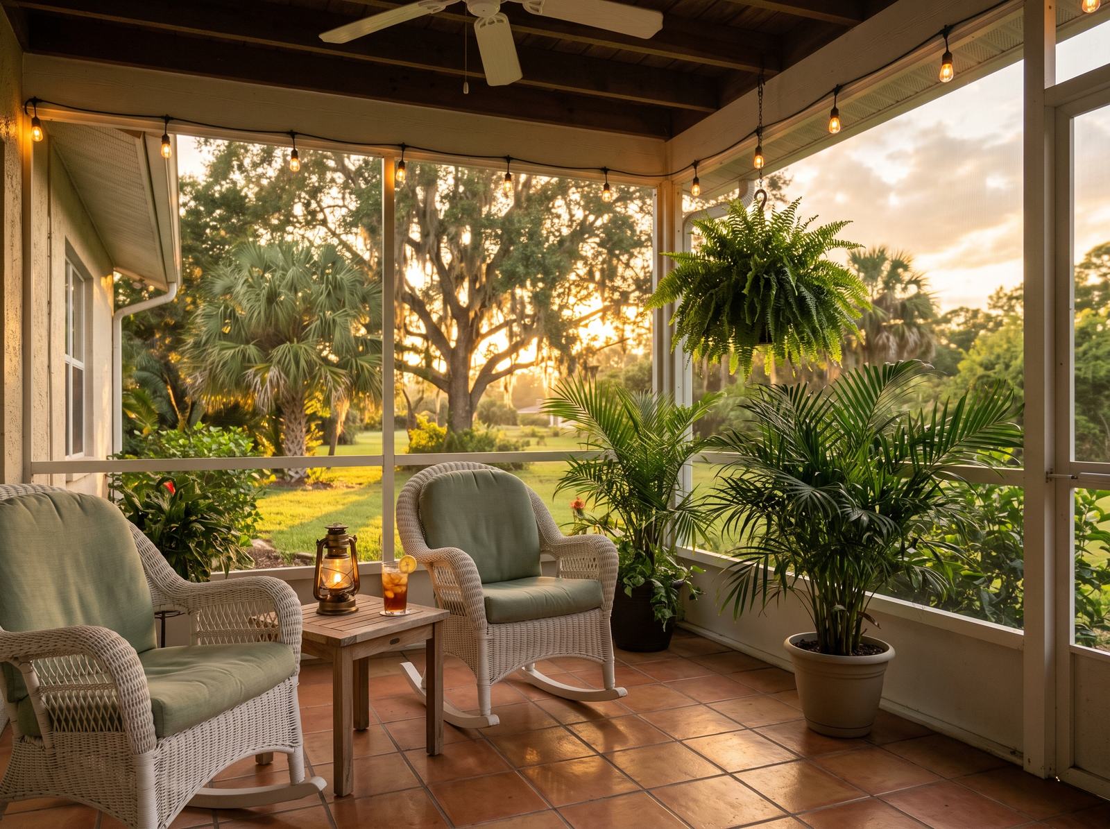 Screened lanai with seating and a view of the yard