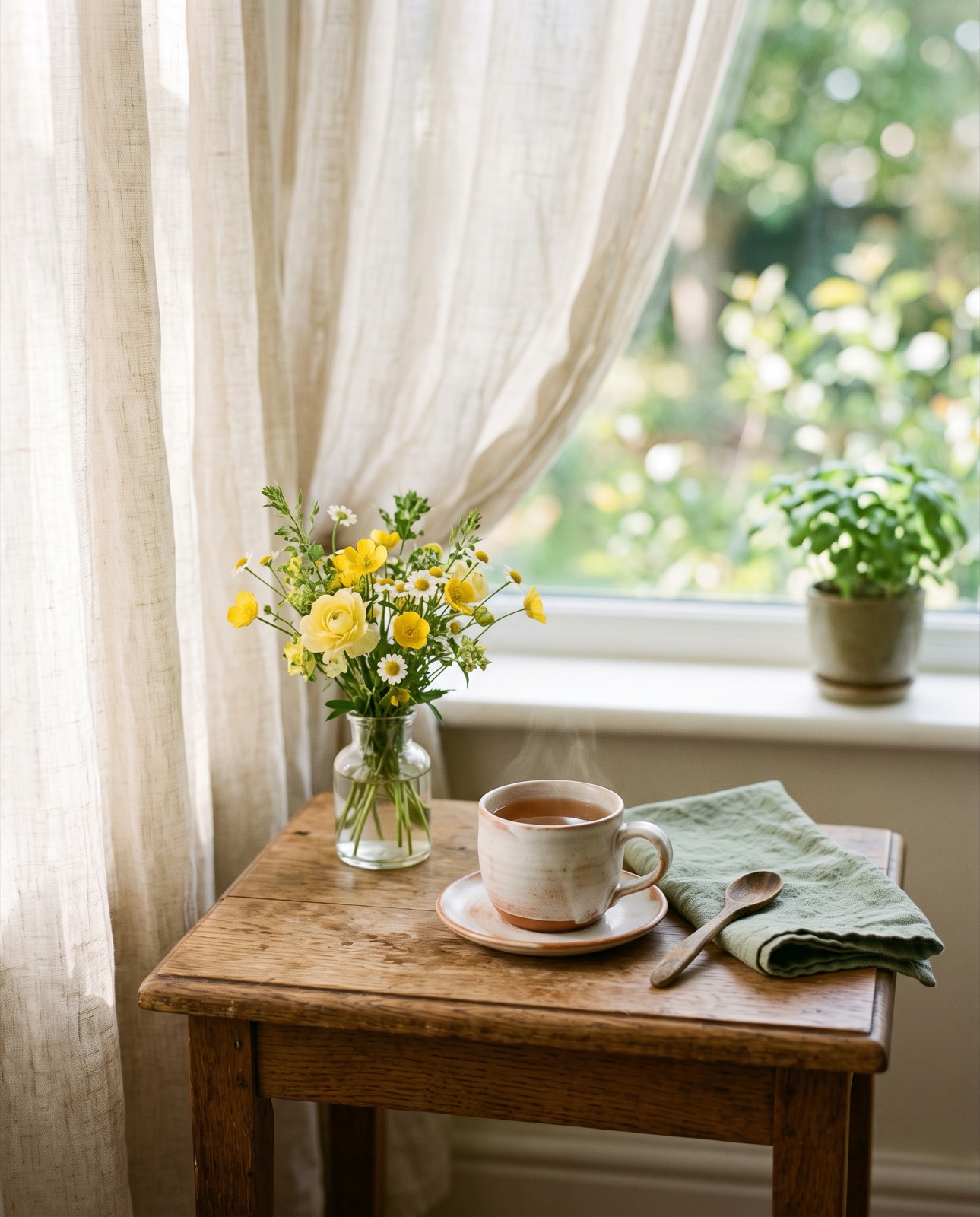 A cup of herbal tea and a small vase of yellow wildflowers on a side table by a bright window